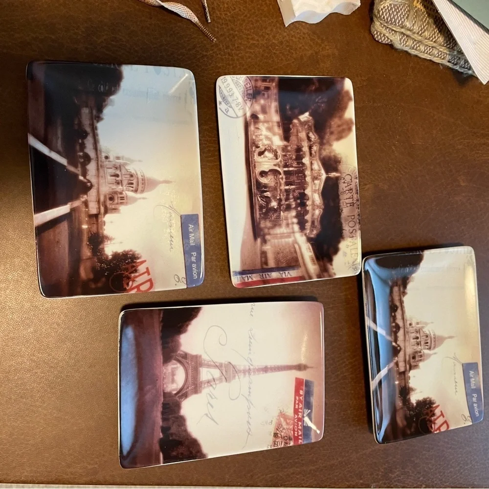 Restoration Hardware Carte Postale Set of 4 Appetizer Plates w/Box, 5” x…